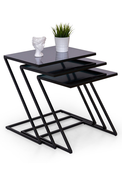 Mobievim Keops Zigon Sehpa Seti - 3’lü Modern Zigon Sehpa Siyah Metal Ayaklı ...