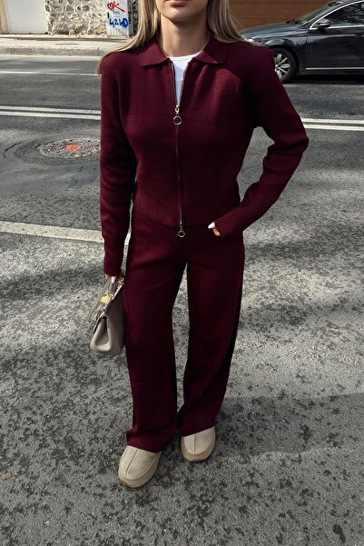 Swist Bordo Cara Polo Yaka Çift Yönlü Fermuarlı Crop-Pantolon Kadın Triko Alt Üst Takım
