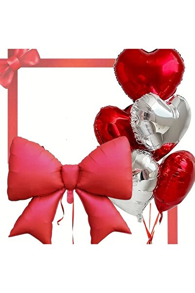 DÜVENCİ TİCARET Kırmızı fiyonk gümüş kırmızı kalp folyo balon set