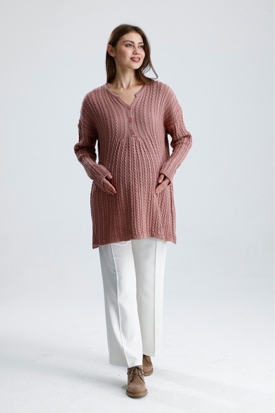 KATLİN MATERNİTY WEAR Saç Örgü Desen Hamile Tunik, Kalın ve Likrali Triko Kumaş, Yaka Düğme Detaylı (Emzirme)