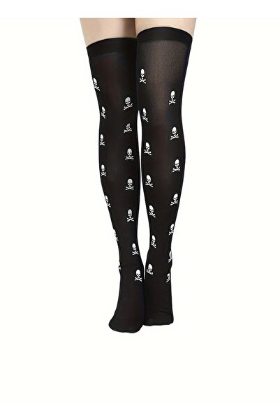 DarkellaStore Γοτθικές κάλτσες με μαύρο δέρμα πάνω από το γόνατο με κρανίο, κ...