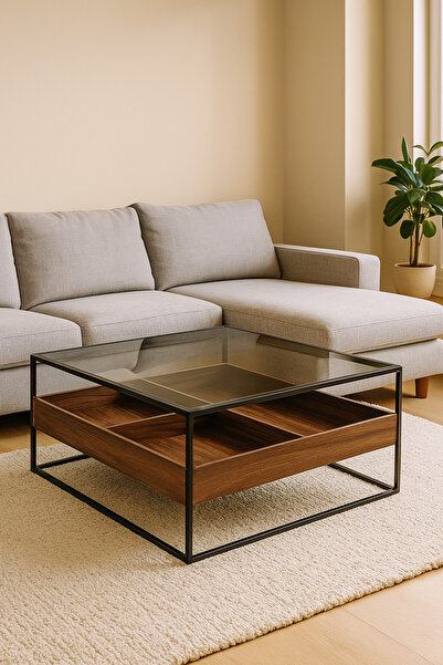 MARIA HOMES Walnut Coffee Table with Glass Top & Black Metal Frame – Modern S...