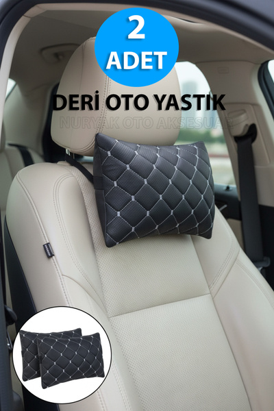 Nuryak Oto Aksesuar 2 Pieces Leather Auto Neck Support Pillow White Quilted, Compatible with All Vehicles