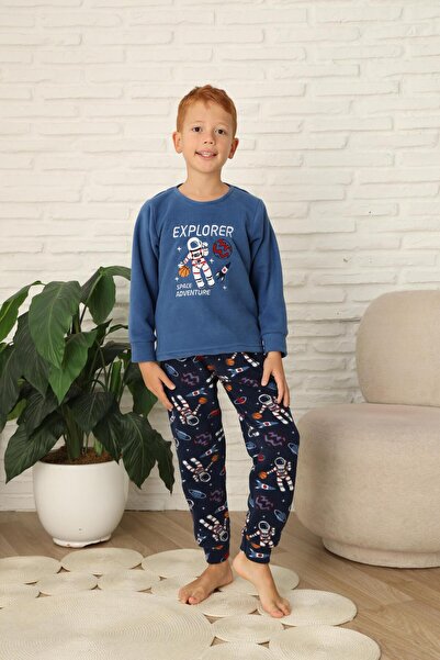 Mutlu City Yeni Stil Sonbahar/Kış Erkek Çocuk Uzay Figür Astronot Desen Polar Pijama Takımı 4565