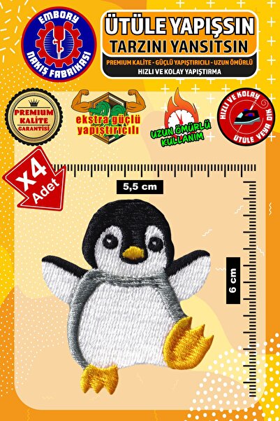 Embory Ütü ile Yapışan Arma Yama, Şirin Penguen (4 ADET) Ütüyle Yapışan Nakış...