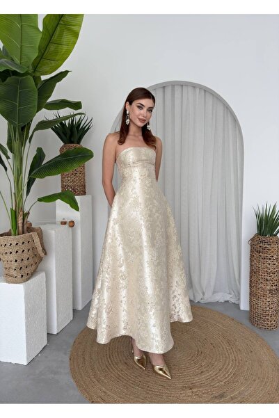 zoezoe Saten Jakarlı Tasarım Kloş Straplez Prenses Kadın Elbise