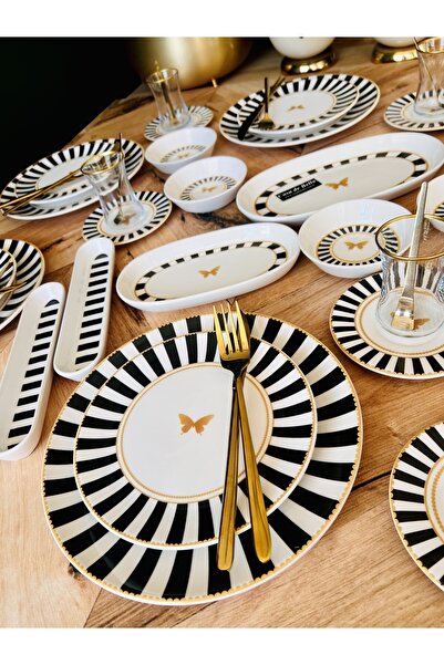 CASA DE BELLA Siyah Çizgili 38 Parça 6 Kişilik Lüks Kahvaltı Takımı
