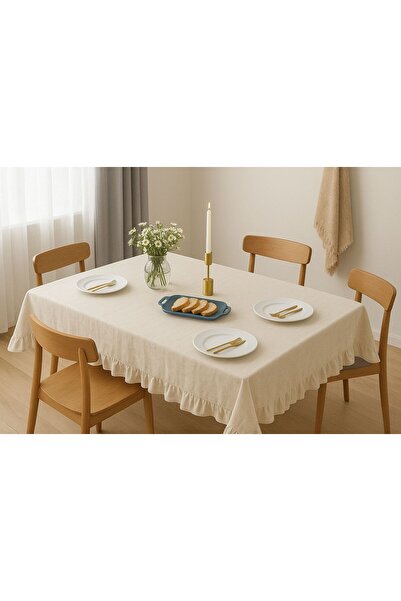 Kumru Çeyiz Fırfırlı Naturel Vintage Masa Örtüsü | Masa Örtüsü | Çeyizlik | İskandinav | Sade Şık Modern | İnce