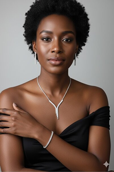 shopidik Işıltılı Suyolu Gümüş Kaplama Takı Seti İki Sıra - Özel Davetler İçin Mükemmel Seçim