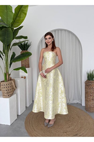 zoezoe Saten Jakarlı Tasarım Kloş Straplez Prenses Kadın Elbise