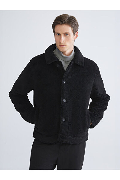 LC Waikiki Palton pentru bărbați din pluș cu guler cămașă, model standard negru