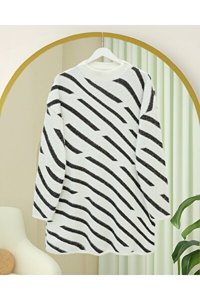 Modamorfo Pulover tricot casual cu dungi laterale - alb