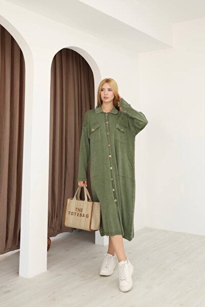 AYASOFYA OTANTIK Women's Khaki Shirt Collar Button Closure Pocketed Vintage Loose Cotton Knit Midi Dress