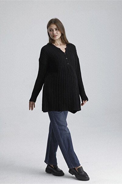 KATLİN MATERNİTY WEAR Hair Braid Pattern Maternity Tunic, Thick and Lycra Knit Fabric, Collar Button Detail (Breastfeeding)