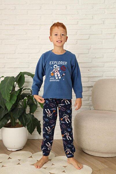 Mutlu City Yeni Stil Sonbahar/Kış Erkek Çocuk Uzay Figür Astronot Desen Polar Pijama Takımı 4565