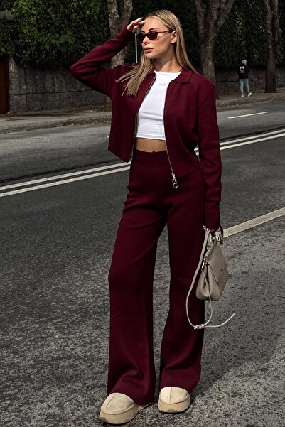 Swist Bordo Cara Polo Yaka Çift Yönlü Fermuarlı Crop-Pantolon Kadın Triko Alt Üst Takım