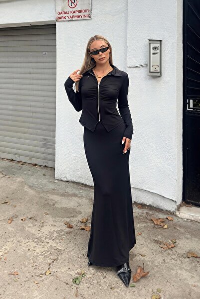 Swist Siyah Rana Polo Yaka Fermuarlı Crop- Midi Boy Etek Kadın Alt Üst Takım