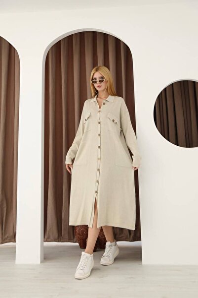 AYASOFYA OTANTIK Women's Beige Shirt Collar Button Closure Pocketed Vintage Loose Cotton Knit Midi Dress