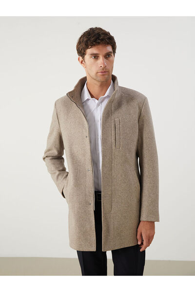 LC Waikiki Classic Beige Large Size Standard Fit Mock Neck Men's Melton Coat
