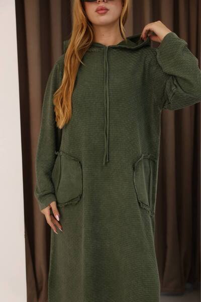 AYASOFYA OTANTIK Women's Khaki Hooded Pocketed Distressed Detailed Cotton Long Sleeve Knitwear Long Dress