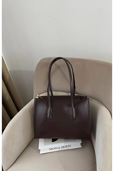 Moda Sekiz حقيبة كتف نسائية يومية كبيرة الحجم من الجلد الصناعي باللون البني المر