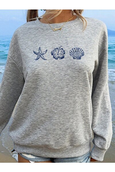 shi dumanlar giyim Oversize Bay/ istiridye Baskılı Bisiklet Yaka Sweatshirt