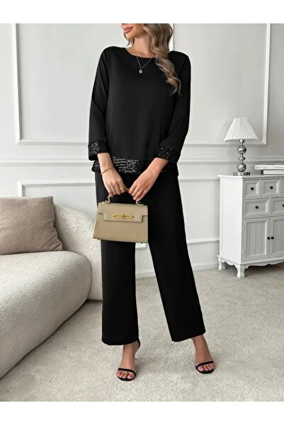 JANES Kadın Uzun Kollu Bisiklet Yaka Pulpayetli Viskon Iki Iplik Bluz Ve Pant...