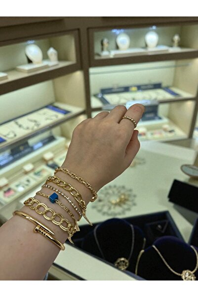 HESİODOS Kadın Bileklik ve Çivi Kelepçe Seti Altın Kaplama 6'lı Kombin