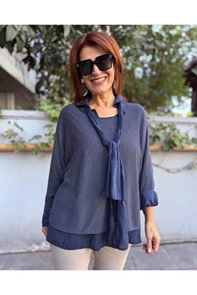 DenizEge Італійська сорочка з шарфом, трикотаж, синя