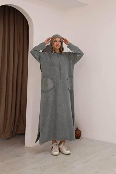 AYASOFYA OTANTIK Women's Gray Hooded Pocketed Distressed Detailed Cotton Long Sleeve Knitwear Long Dress