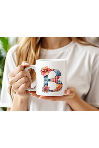 Beramussa B Harfli Retro Çiçekli Kupa Bardak - Patchwork Tarz Yamalı Desenli ...