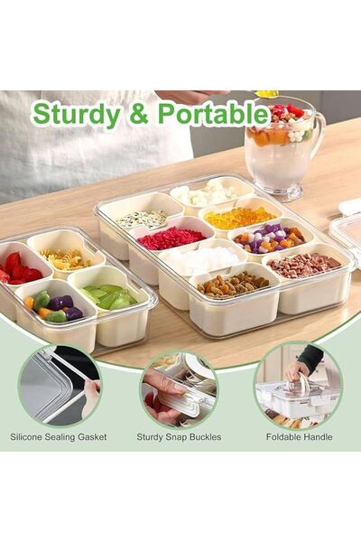 Generic Divided serving tray with clear lid and handle, designed for storing and serving snacks, nuts, fruits and desserts.