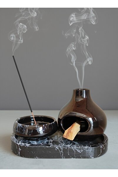 Solman Seramik Palo Santo Reçine ve Çubuk Tütsülük Seti Meditasyon & Aromaterapi Dekoru Siyah Mermer Tabak
