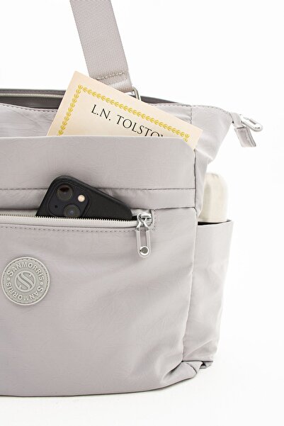 Çanta Trend Women's Multi-Eye Useful Water Resistant Satin Fabric Gray Color Cross Strap Hand and Shoulder Bag