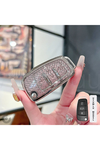 Alazpay Husă pentru chei din TPU cu model diamant pentru Audi A1 A3 A4 A5 A6 A7 și Q3 Q5 Q7 Q8 și TT S3 S4 S6 RS (roz)