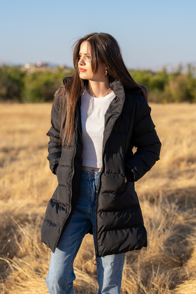 LEONE GYM Uzun Şişme Peluş Astarlı Kapüşonu Çıkarılabilen Siyah Çocuk kız Mont