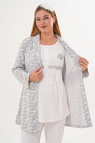 Lohussa Women's Gray Shawl Collar Embossed Patterned Winter Special Design Maternity Pajama Set