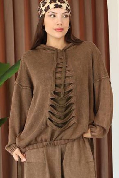 AYASOFYA OTANTIK Women's Brown Hooded Vintage Detailed Loose Cotton Knit Sweater