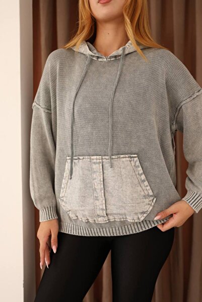 AYASOFYA OTANTIK Pulover de damă gri cu glugă, cu buzunar cangur, din bumbac,...