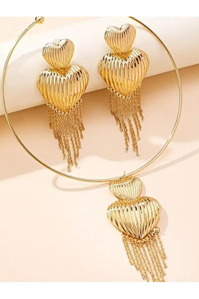 BirYıldızOl Stylish Exaggerated Gold Metal Heart Tassel Necklace and Earrings Set