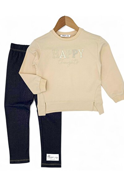 VOY KİDS Girl's Happy Embroidered 7-8-9-10 Year Old Denim-Look Leggings 2-Piece Seasonal Top and Bottom Set