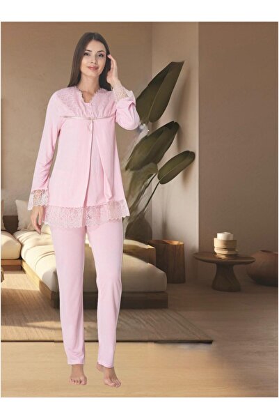 Lohusa Homewear Γυναικείο σετ πιτζάμες εγκυμοσύνης με ροζ σχέδιο, δαντέλα και...