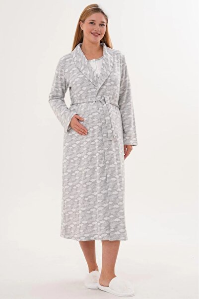 Lohussa Women's Gray Shawl Collar Embossed Patterned Winter Special Design Maternity Pajamas Nightgown Set