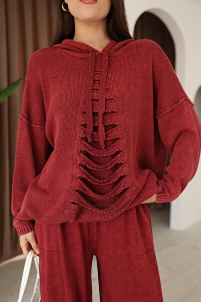 AYASOFYA OTANTIK Women's Burgundy Hooded Vintage Detailed Loose Cotton Knit S...