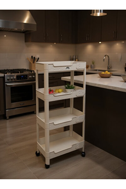 Living Stand Durable 4-Tier Rolling Plastic Organizer Rack in Beige for Home & Office