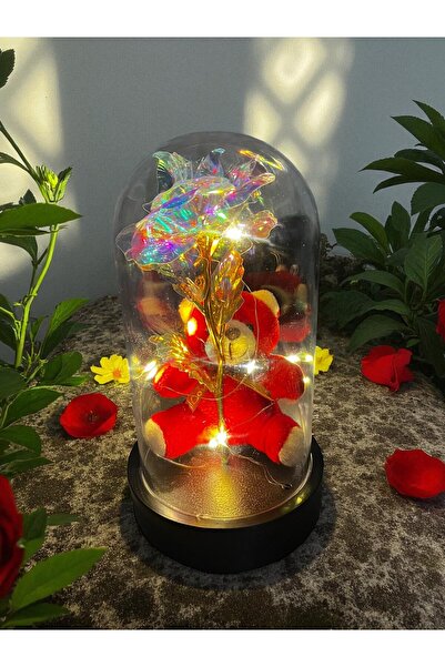 canesse 🌹 Cam Fanus İçinde LED Işıklı Yapay Çiçek ve Kırmızı Peluş Ayıcık - ...
