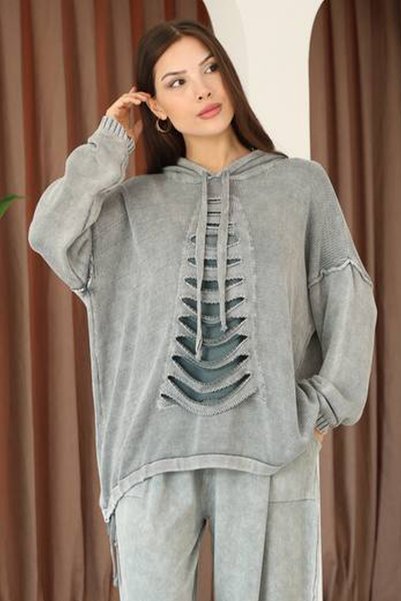 AYASOFYA OTANTIK Women's Gray Hooded Vintage Detailed Loose Cotton Knit Sweater