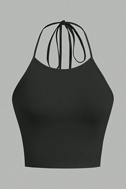 Liona Düz Desensiz Siyah Renk Boyundan Bağlamalı Crop Top Bluz