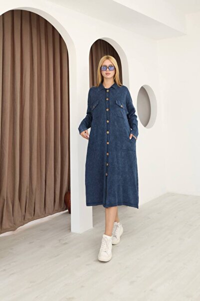 AYASOFYA OTANTIK Жіноча синя сорочка з коміром, застібкою на ґудзики, кишенями, з ефектом старіння, з бавовняного трикотажу, середньої довжини