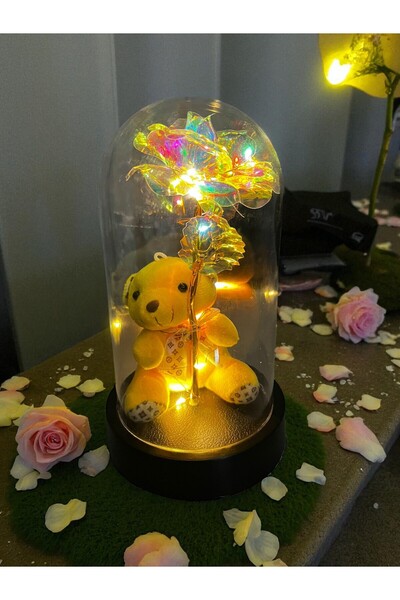 canesse 🌼 Cam Fanus ve İçinde LED Işıklı Yapay Beyaz Çiçek ve Sarı Peluş Ayı...